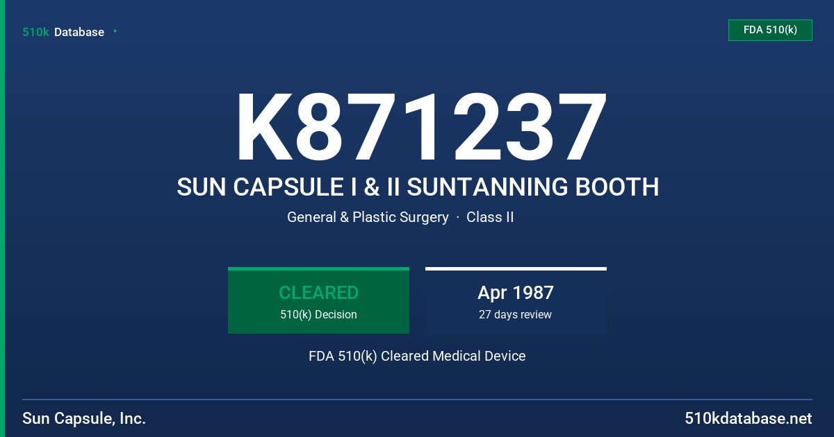 K871237 SUN CAPSULE I & II SUNTANNING BOOTH FDA 510(k) Cleared Medical Device