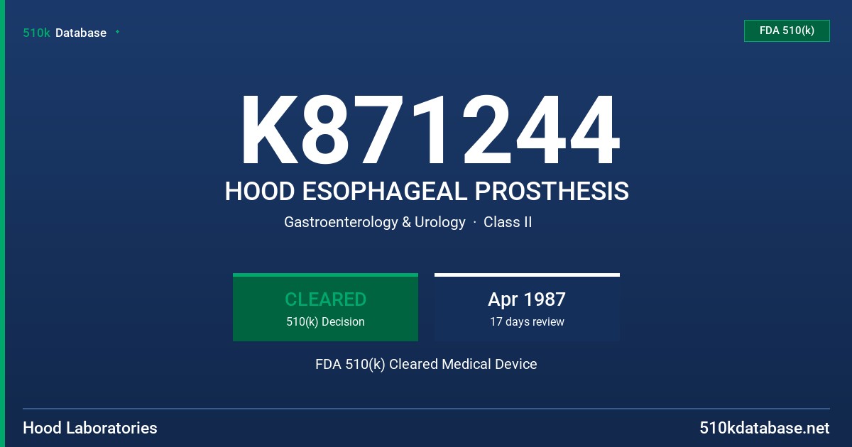 K871244 HOOD ESOPHAGEAL PROSTHESIS FDA 510(k) Cleared Medical Device
