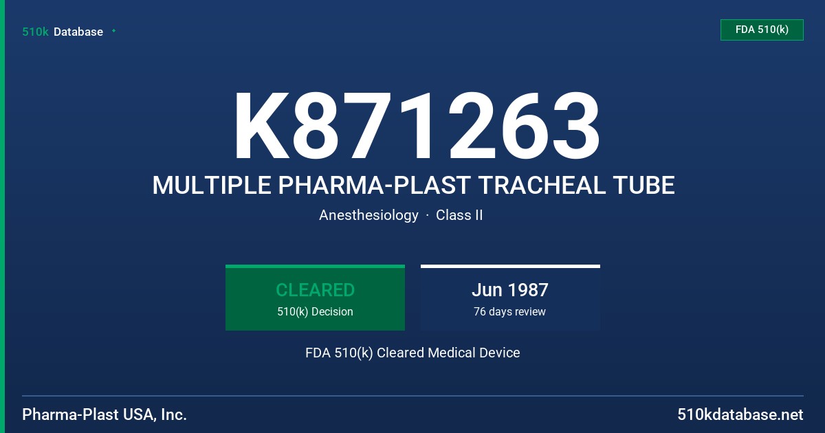 K871263 MULTIPLE PHARMA-PLAST TRACHEAL TUBE FDA 510(k) Cleared Medical Device