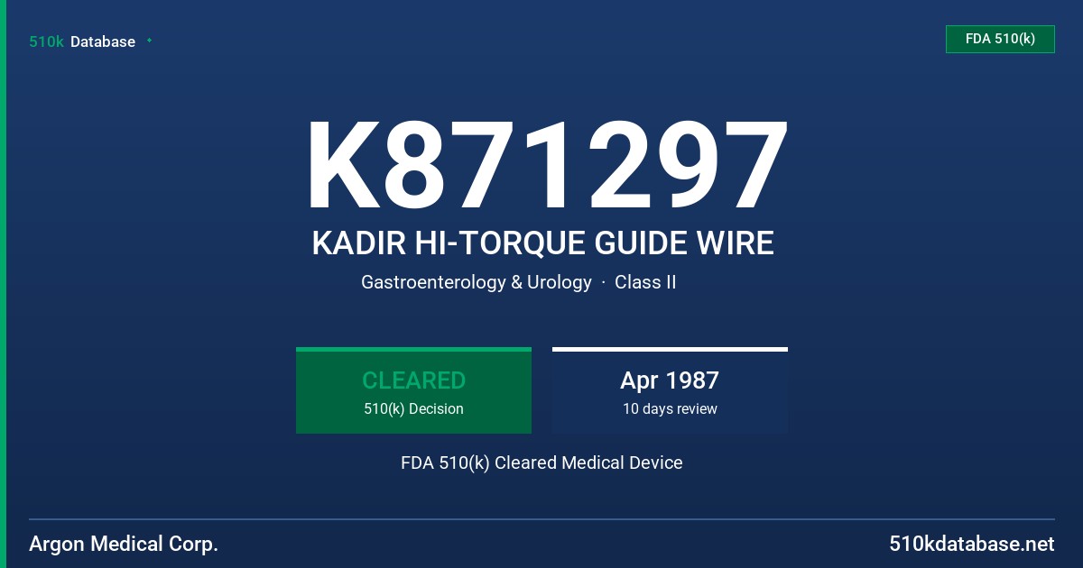 K871297 KADIR HI-TORQUE GUIDE WIRE FDA 510(k) Cleared Medical Device