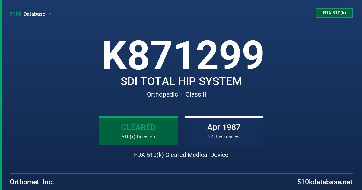 K871299 SDI TOTAL HIP SYSTEM FDA 510(k) Cleared Medical Device