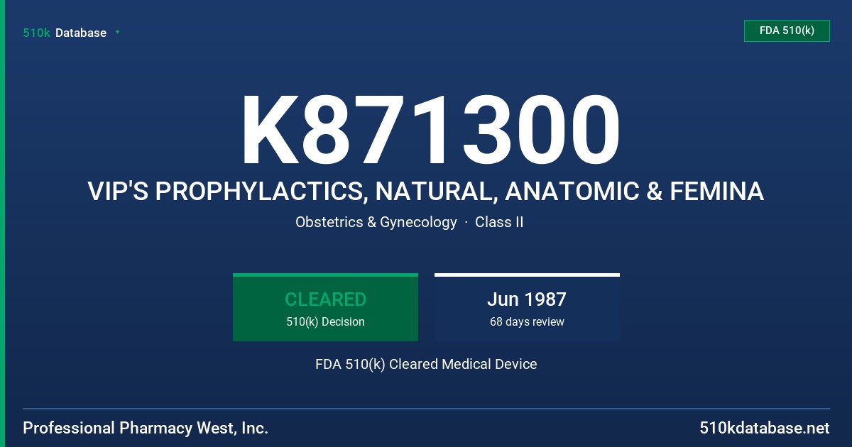 K871300 VIP'S PROPHYLACTICS, NATURAL, ANATOMIC & FEMINA FDA 510(k) Cleared Medical Device