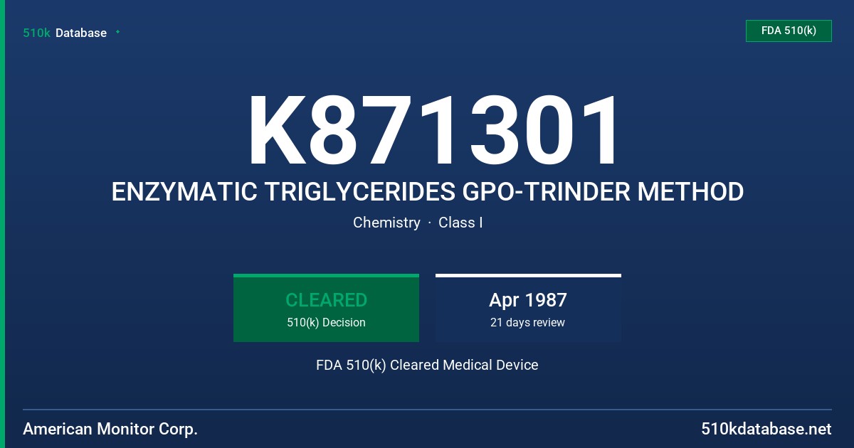 K871301 ENZYMATIC TRIGLYCERIDES GPO-TRINDER METHOD FDA 510(k) Cleared Medical Device