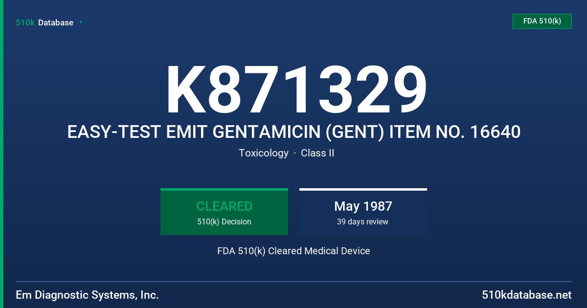 K871329 EASY-TEST EMIT GENTAMICIN (GENT) ITEM NO. 16640 FDA 510(k) Cleared Medical Device