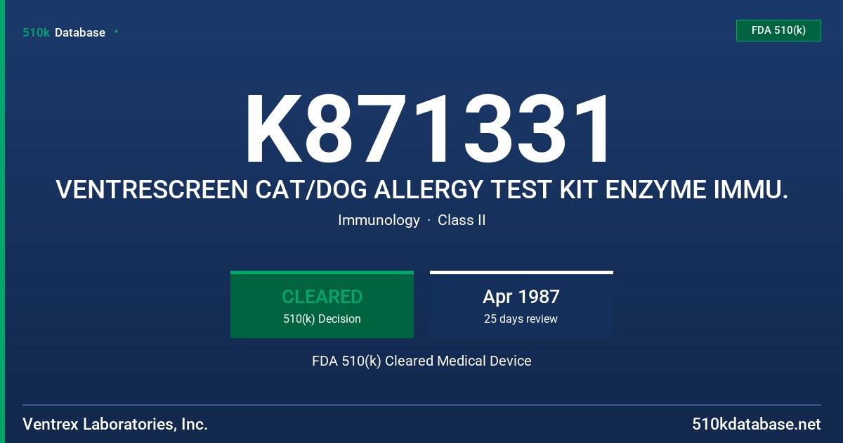 K871331 VENTRESCREEN CAT/DOG ALLERGY TEST KIT ENZYME IMMU. FDA 510(k) Cleared Medical Device