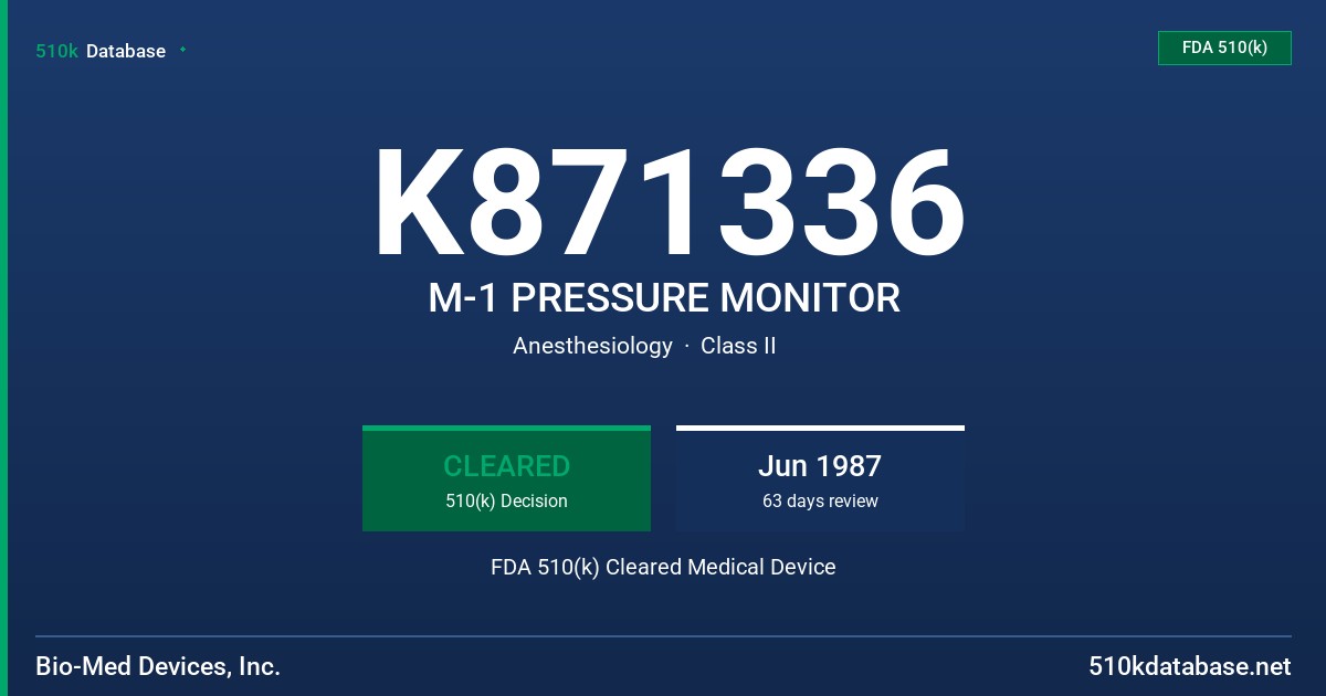 K871336 M-1 PRESSURE MONITOR FDA 510(k) Cleared Medical Device
