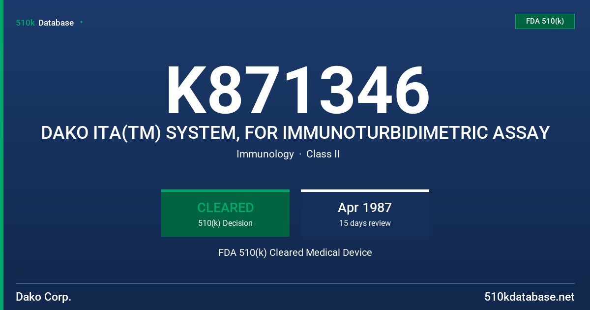 K871346 DAKO ITA(TM) SYSTEM, FOR IMMUNOTURBIDIMETRIC ASSAY FDA 510(k) Cleared Medical Device