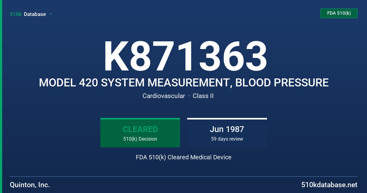 K871363 MODEL 420 SYSTEM MEASUREMENT, BLOOD PRESSURE FDA 510(k) Cleared Medical Device