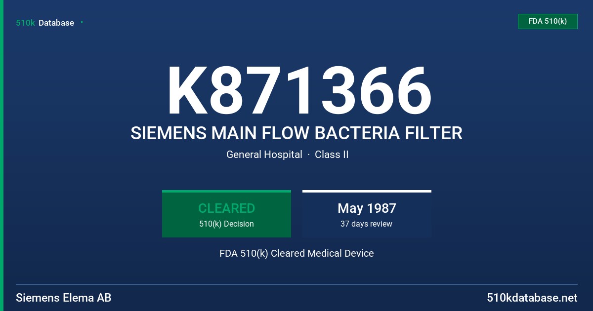 K871366 SIEMENS MAIN FLOW BACTERIA FILTER FDA 510(k) Cleared Medical Device