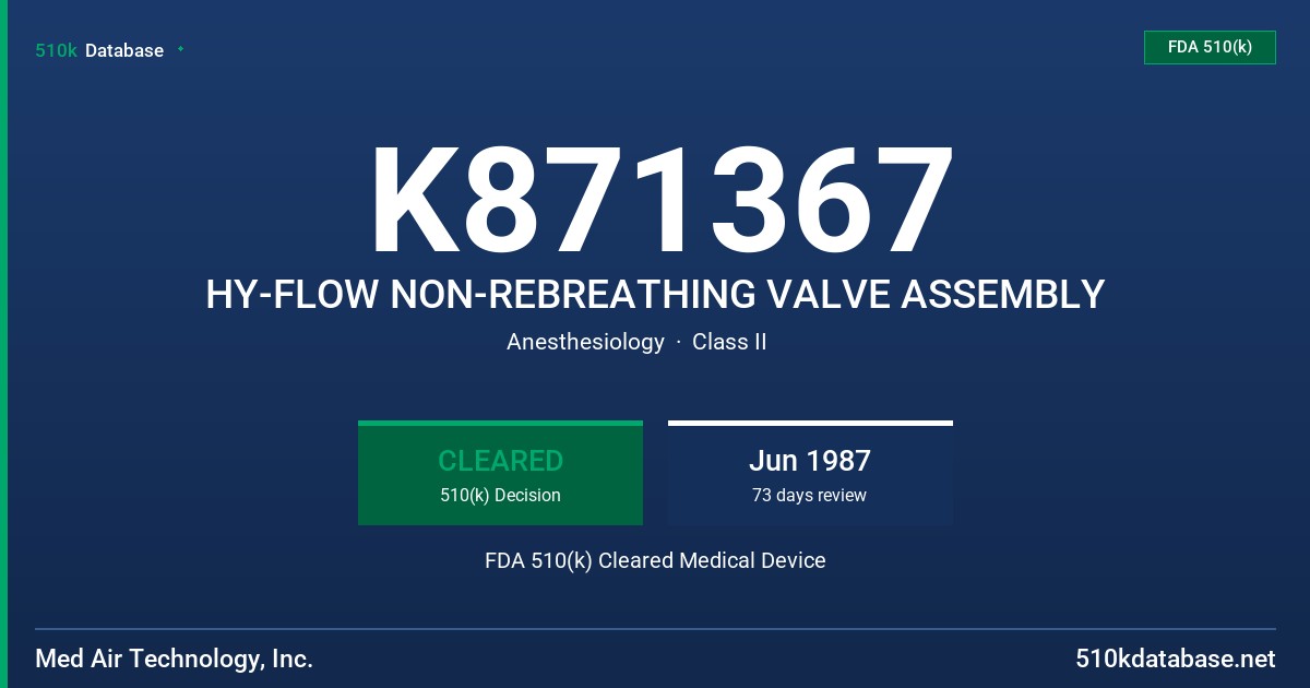 K871367 HY-FLOW NON-REBREATHING VALVE ASSEMBLY FDA 510(k) Cleared Medical Device