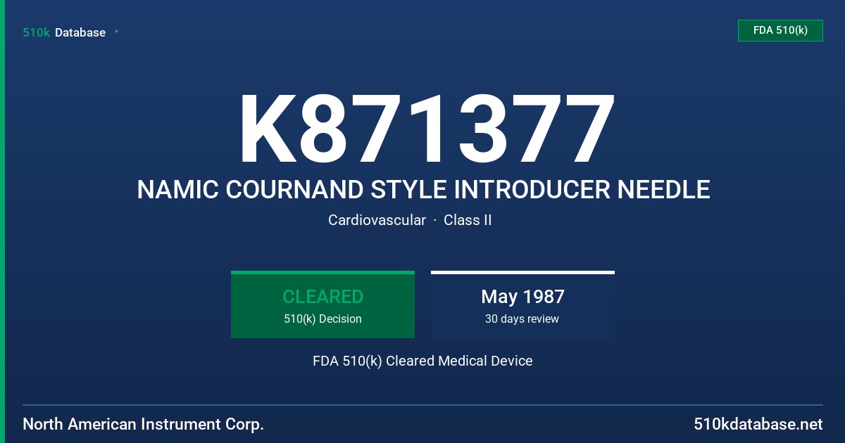 K871377 NAMIC COURNAND STYLE INTRODUCER NEEDLE FDA 510(k) Cleared Medical Device
