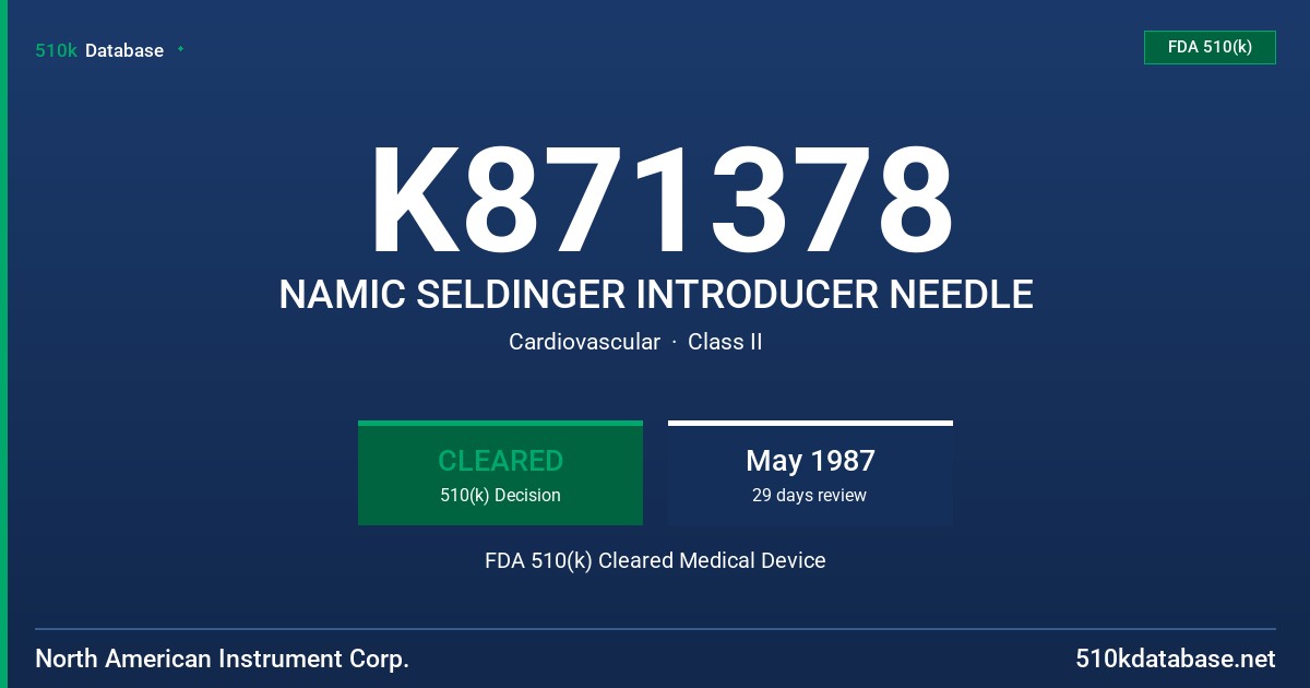 K871378 NAMIC SELDINGER INTRODUCER NEEDLE FDA 510(k) Cleared Medical Device
