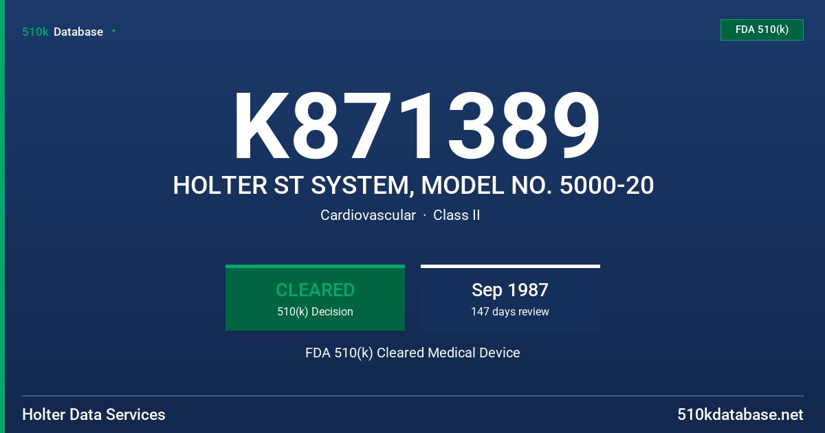 K871389 HOLTER ST SYSTEM, MODEL NO. 5000-20 FDA 510(k) Cleared Medical Device