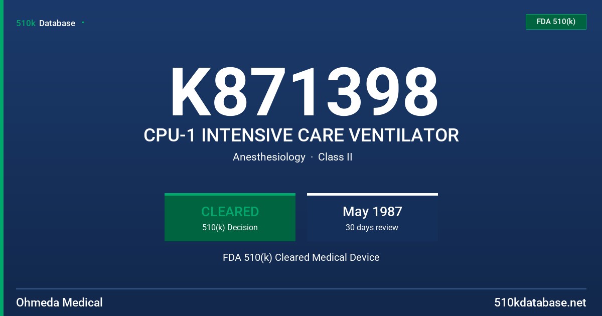 K871398 CPU-1 INTENSIVE CARE VENTILATOR FDA 510(k) Cleared Medical Device