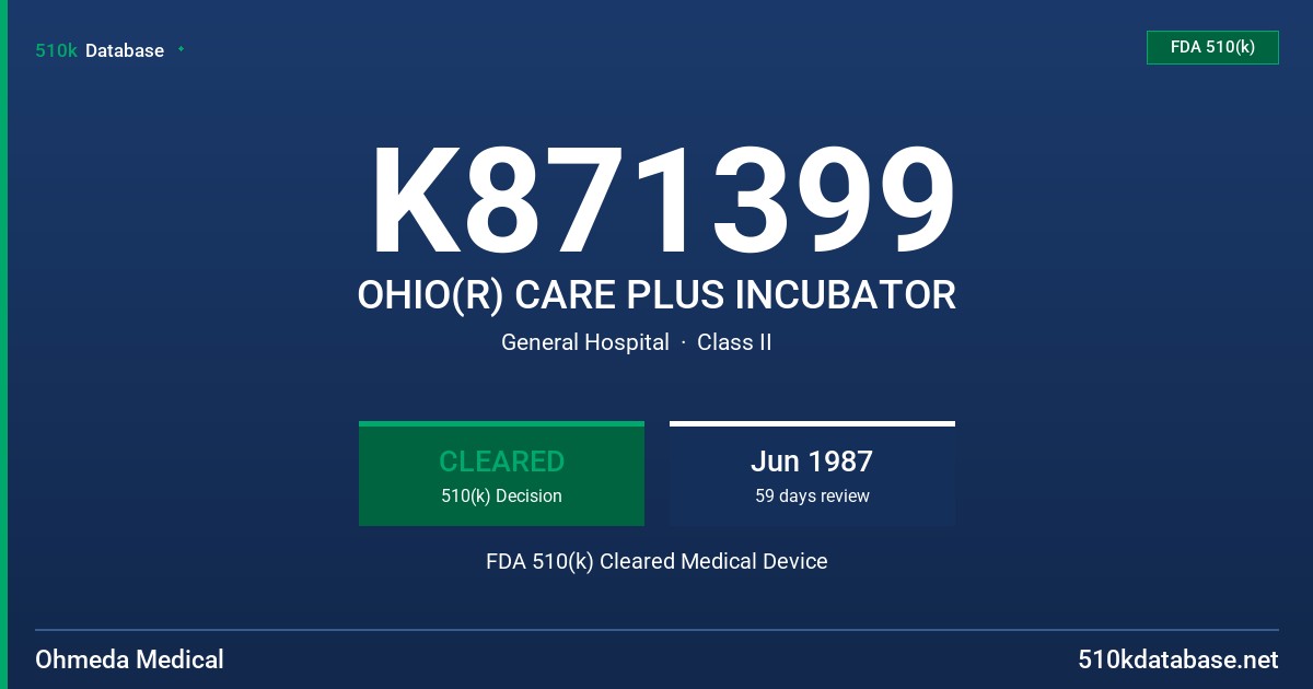 K871399 OHIO(R) CARE PLUS INCUBATOR FDA 510(k) Cleared Medical Device