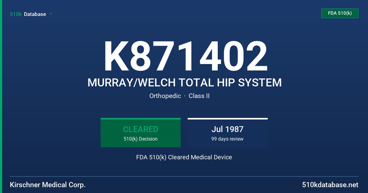 K871402 MURRAY/WELCH TOTAL HIP SYSTEM FDA 510(k) Cleared Medical Device