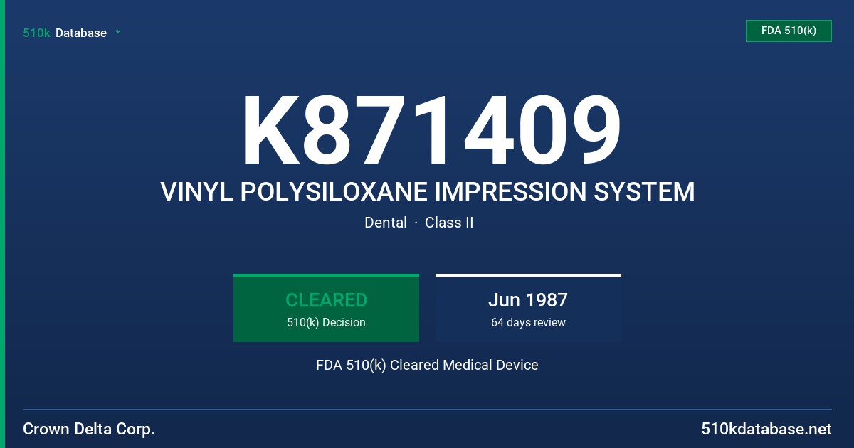 K871409 VINYL POLYSILOXANE IMPRESSION SYSTEM FDA 510(k) Cleared Medical Device