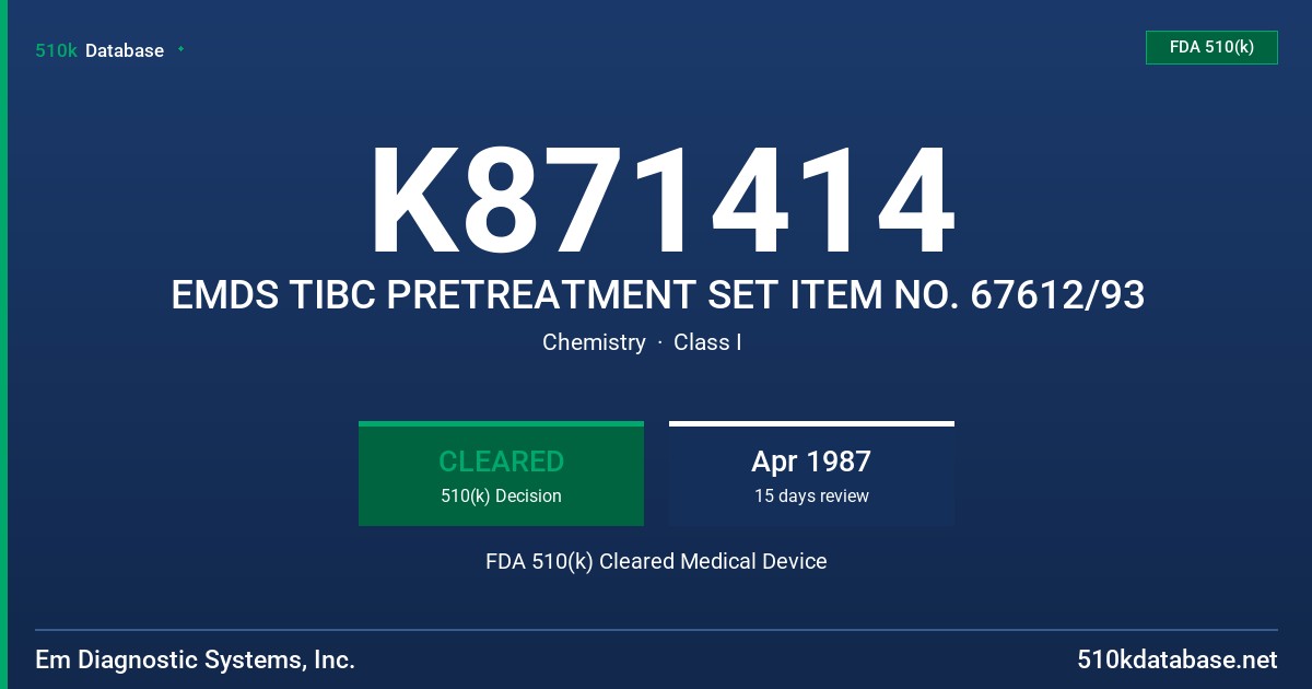 K871414 EMDS TIBC PRETREATMENT SET ITEM NO. 67612/93 FDA 510(k) Cleared Medical Device