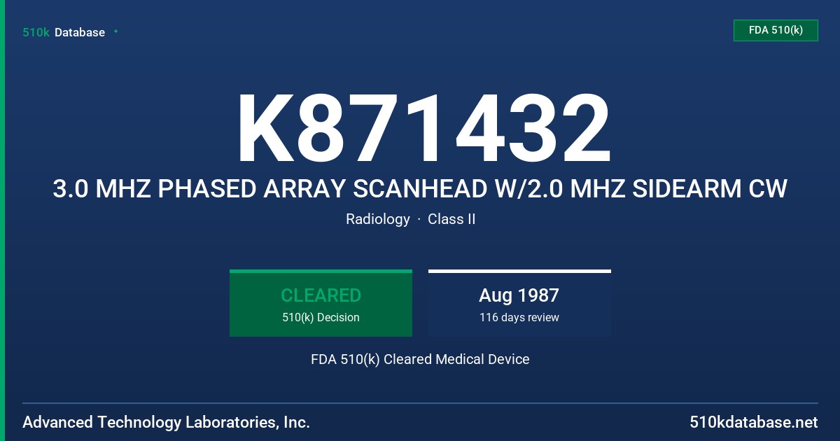 K871432 3.0 MHZ PHASED ARRAY SCANHEAD W/2.0 MHZ SIDEARM CW FDA 510(k) Cleared Medical Device