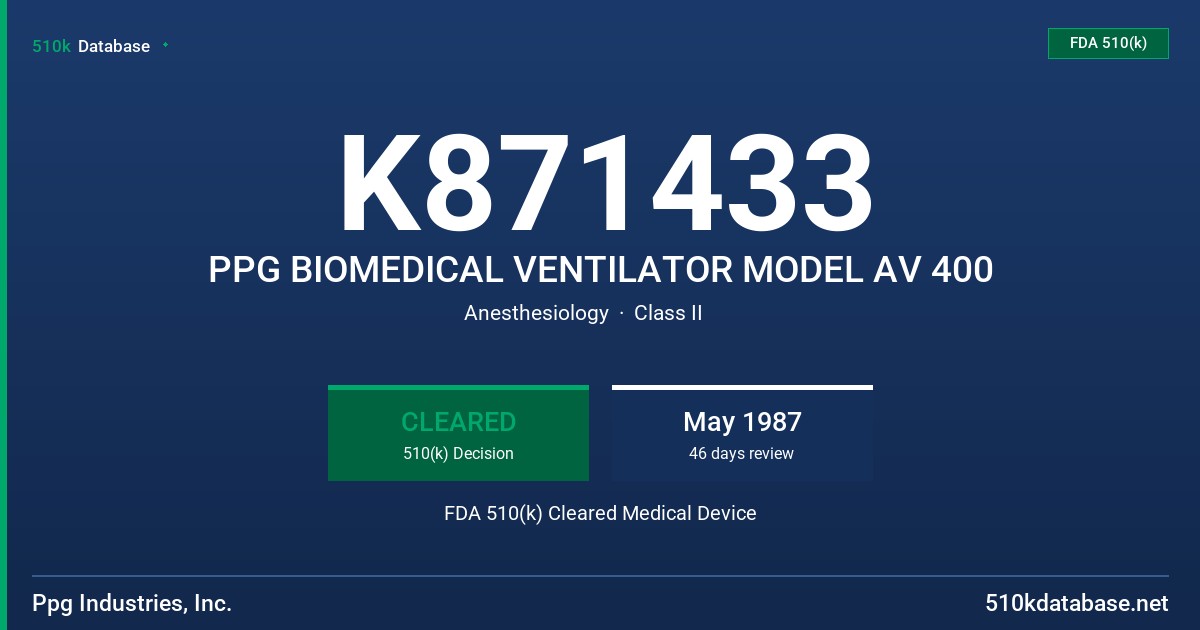 K871433 PPG BIOMEDICAL VENTILATOR MODEL AV 400 FDA 510(k) Cleared Medical Device