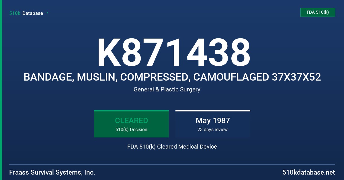 K871438 BANDAGE, MUSLIN, COMPRESSED, CAMOUFLAGED 37X37X52 FDA 510(k) Cleared Medical Device