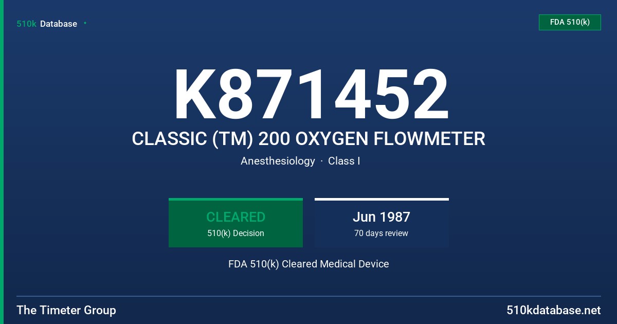 K871452 CLASSIC (TM) 200 OXYGEN FLOWMETER FDA 510(k) Cleared Medical Device