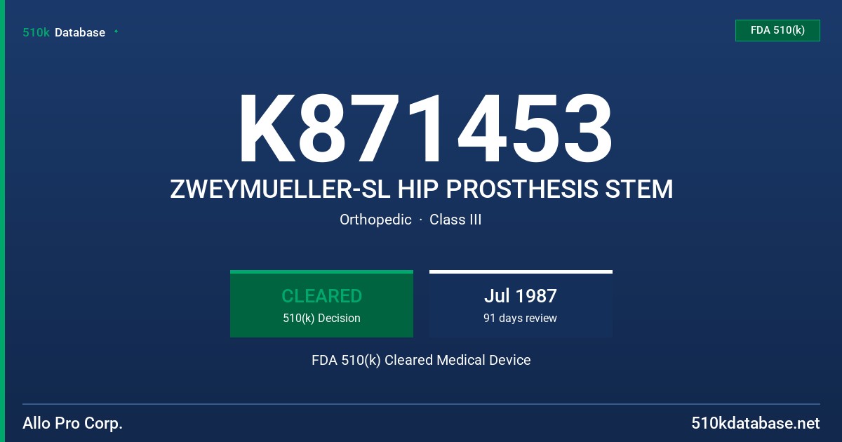 K871453 ZWEYMUELLER-SL HIP PROSTHESIS STEM FDA 510(k) Cleared Medical Device