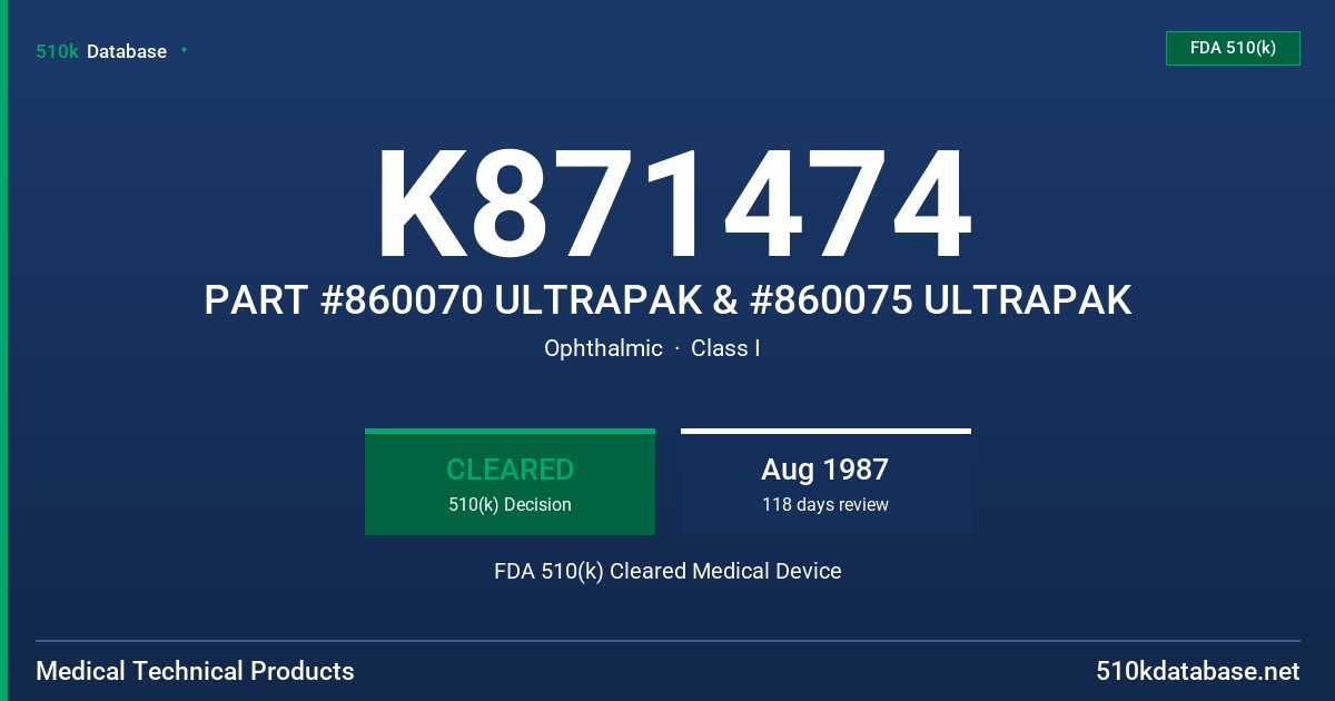 K871474 PART #860070 ULTRAPAK & #860075 ULTRAPAK FDA 510(k) Cleared Medical Device