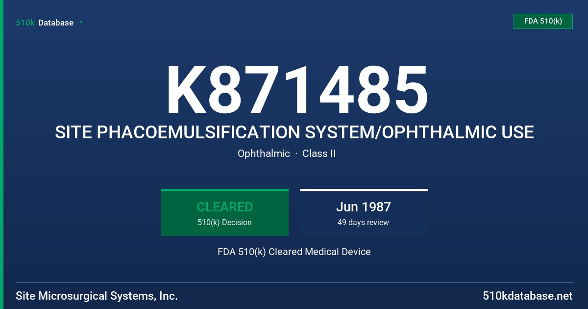 K871485 SITE PHACOEMULSIFICATION SYSTEM/OPHTHALMIC USE FDA 510(k) Cleared Medical Device