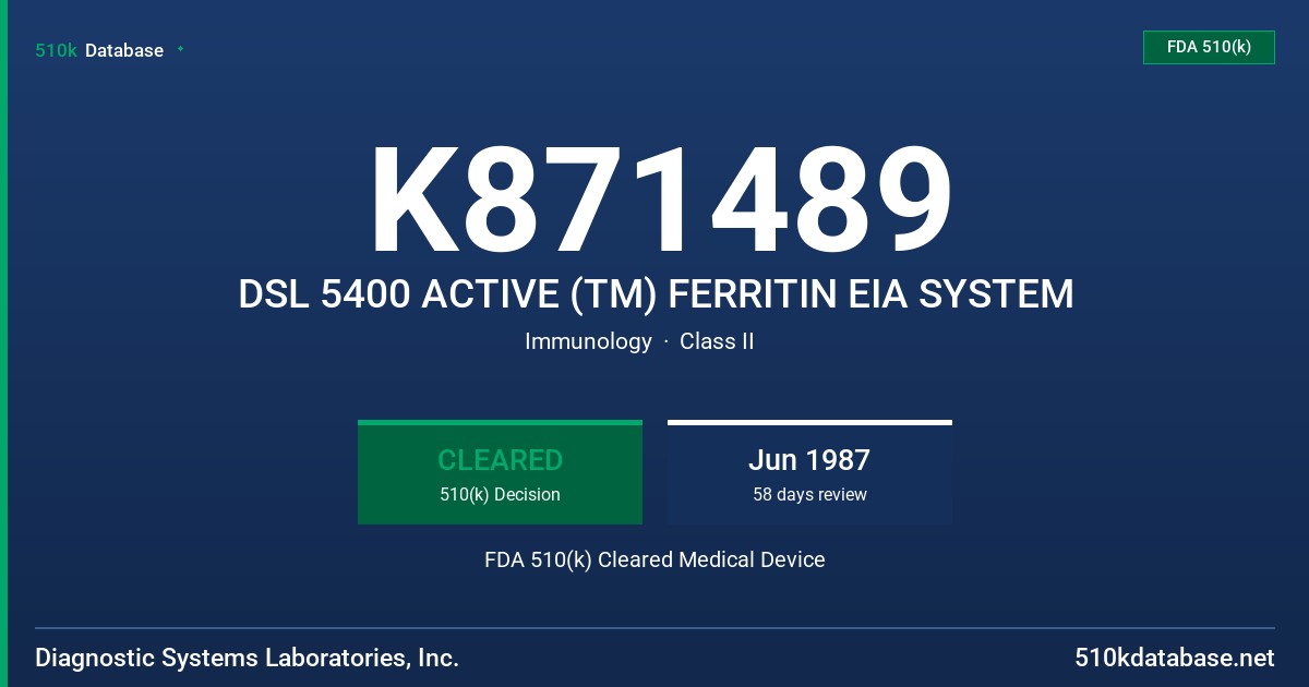 K871489 DSL 5400 ACTIVE (TM) FERRITIN EIA SYSTEM FDA 510(k) Cleared Medical Device