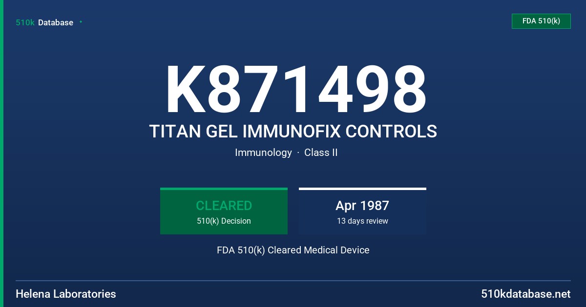 K871498 TITAN GEL IMMUNOFIX CONTROLS FDA 510(k) Cleared Medical Device