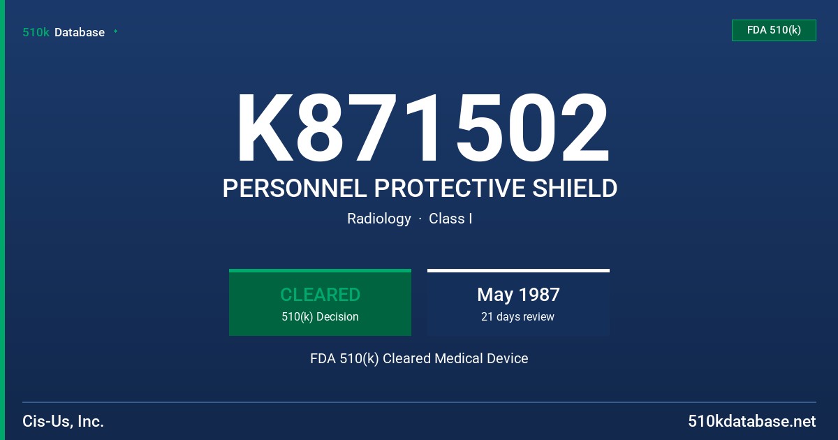 K871502 PERSONNEL PROTECTIVE SHIELD FDA 510(k) Cleared Medical Device