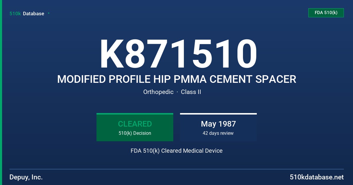 K871510 MODIFIED PROFILE HIP PMMA CEMENT SPACER FDA 510(k) Cleared Medical Device