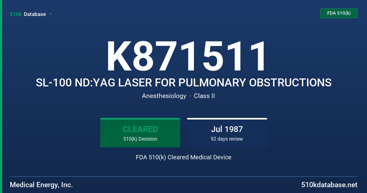 K871511 SL-100 ND:YAG LASER FOR PULMONARY OBSTRUCTIONS FDA 510(k) Cleared Medical Device