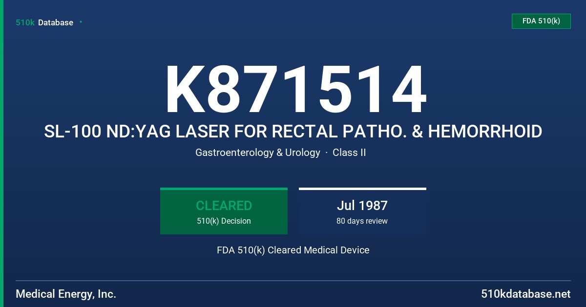 K871514 SL-100 ND:YAG LASER FOR RECTAL PATHO. & HEMORRHOID FDA 510(k) Cleared Medical Device