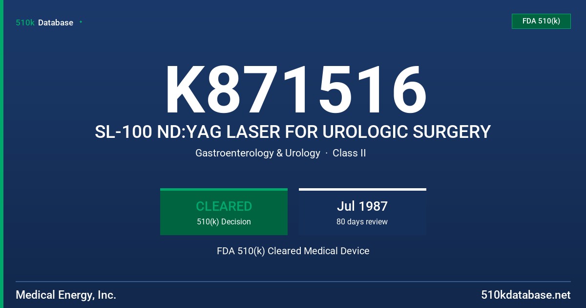 K871516 SL-100 ND:YAG LASER FOR UROLOGIC SURGERY FDA 510(k) Cleared Medical Device