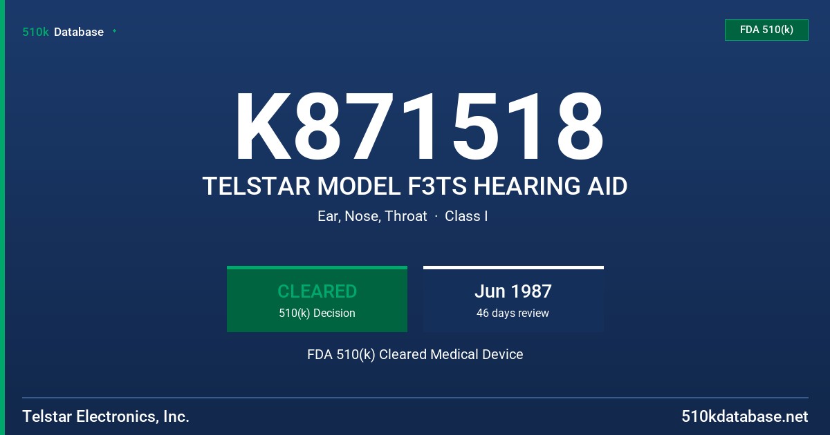 K871518 TELSTAR MODEL F3TS HEARING AID FDA 510(k) Cleared Medical Device