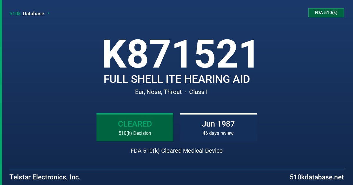 K871521 FULL SHELL ITE HEARING AID FDA 510(k) Cleared Medical Device