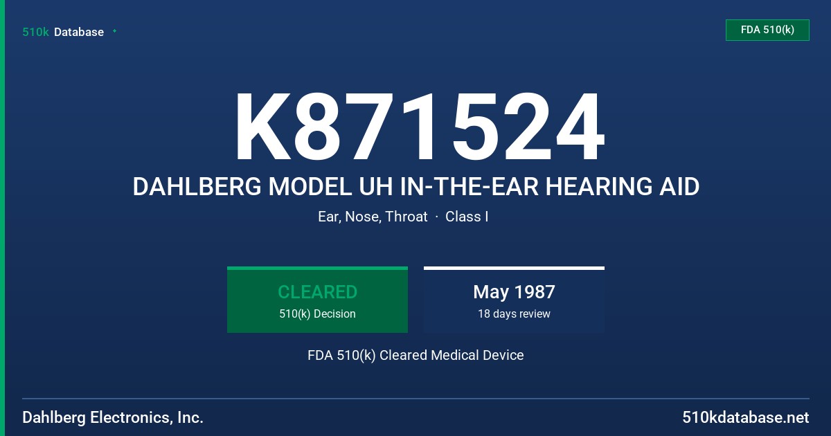 K871524 DAHLBERG MODEL UH IN-THE-EAR HEARING AID FDA 510(k) Cleared Medical Device
