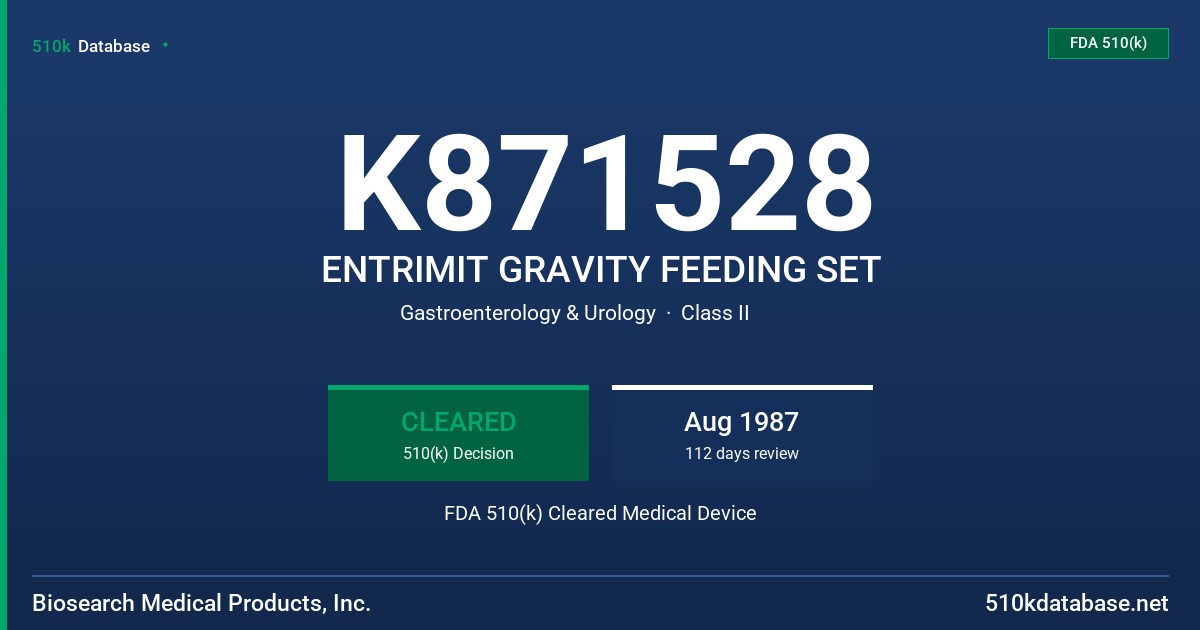 K871528 ENTRIMIT GRAVITY FEEDING SET FDA 510(k) Cleared Medical Device