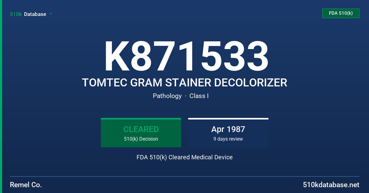 K871533 TOMTEC GRAM STAINER DECOLORIZER FDA 510(k) Cleared Medical Device