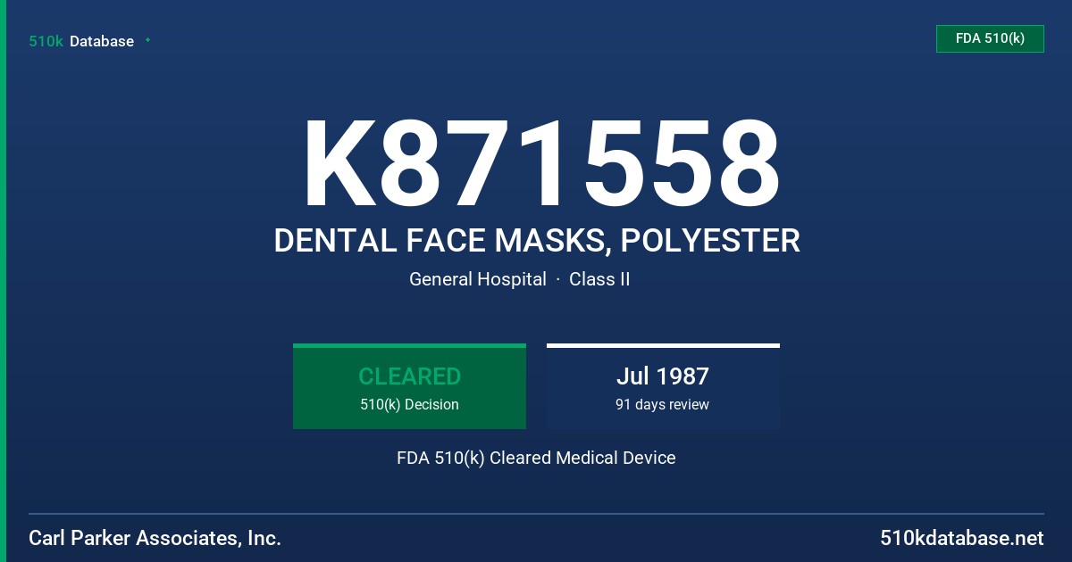 K871558 DENTAL FACE MASKS, POLYESTER FDA 510(k) Cleared Medical Device