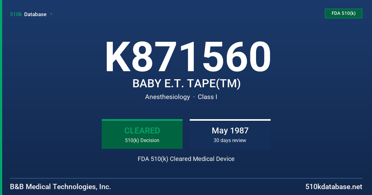 K871560 BABY E.T. TAPE(TM) FDA 510(k) Cleared Medical Device