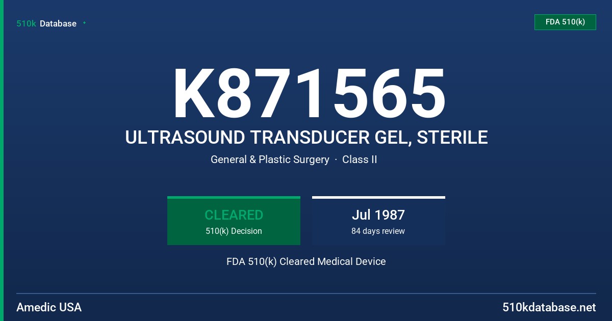 K871565 ULTRASOUND TRANSDUCER GEL, STERILE FDA 510(k) Cleared Medical Device