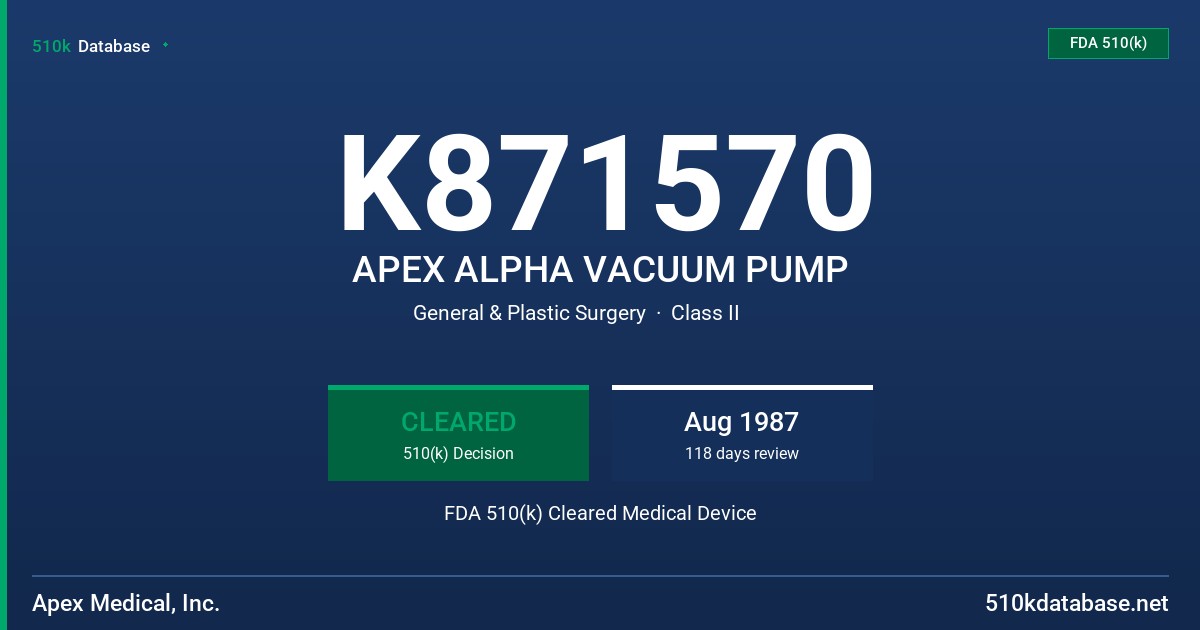 K871570 APEX ALPHA VACUUM PUMP FDA 510(k) Cleared Medical Device