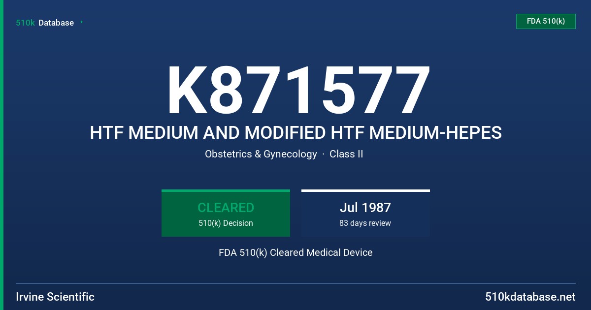 K871577 HTF MEDIUM AND MODIFIED HTF MEDIUM-HEPES FDA 510(k) Cleared Medical Device
