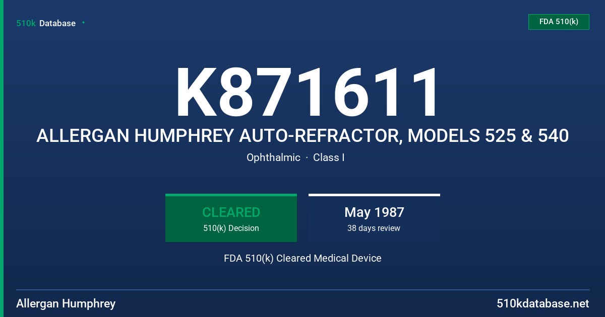 K871611 ALLERGAN HUMPHREY AUTO-REFRACTOR, MODELS 525 & 540 FDA 510(k) Cleared Medical Device