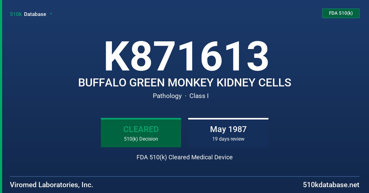 K871613 BUFFALO GREEN MONKEY KIDNEY CELLS FDA 510(k) Cleared Medical Device