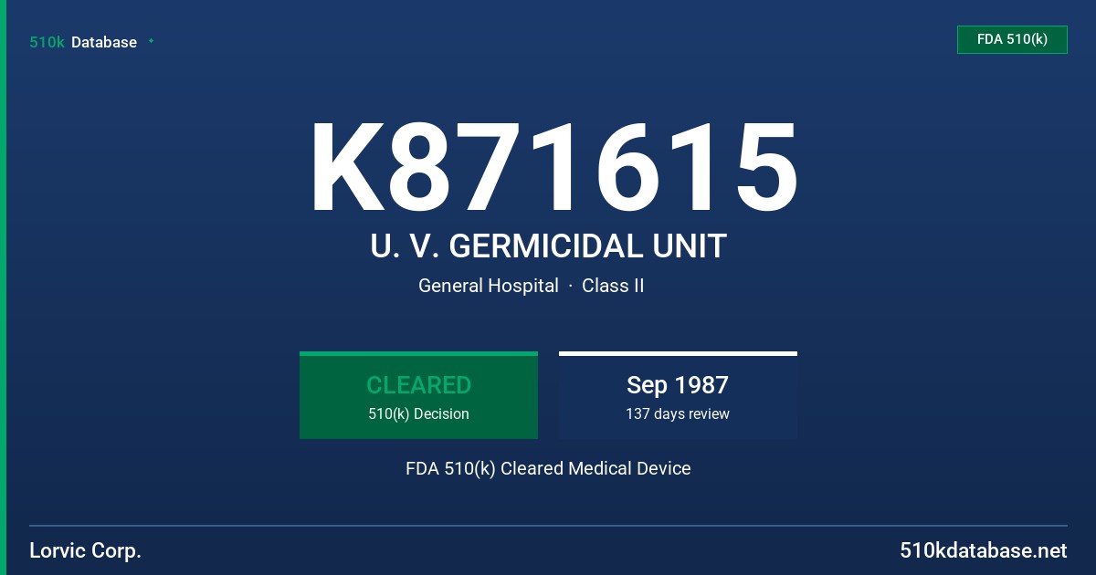 K871615 U. V. GERMICIDAL UNIT FDA 510(k) Cleared Medical Device