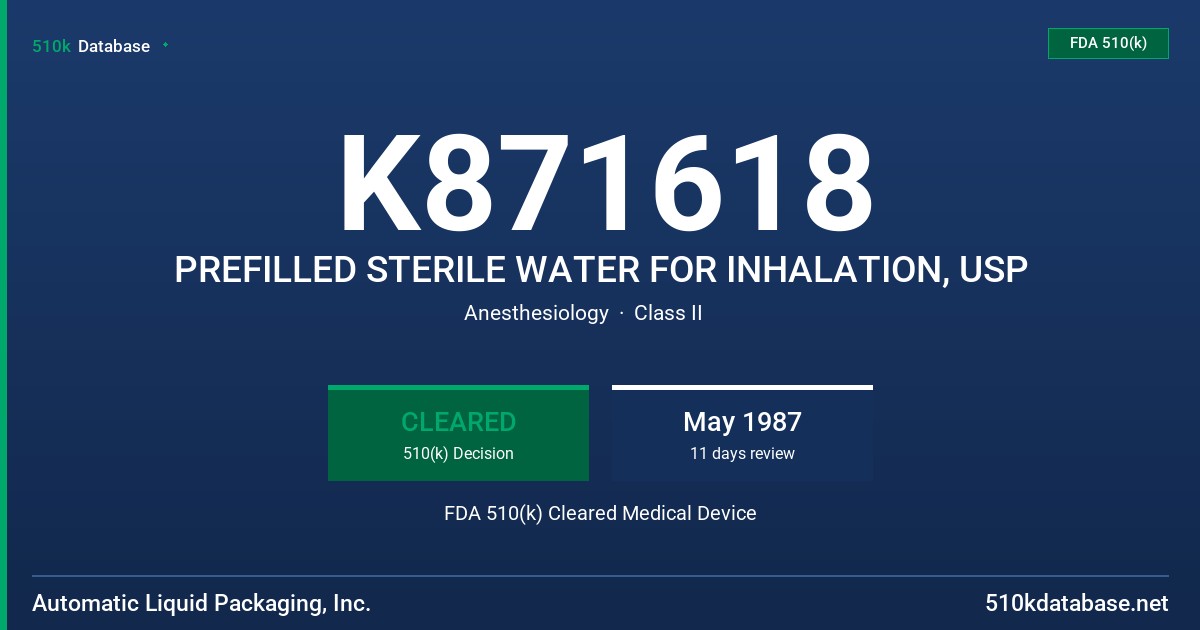 K871618 PREFILLED STERILE WATER FOR INHALATION, USP FDA 510(k) Cleared Medical Device